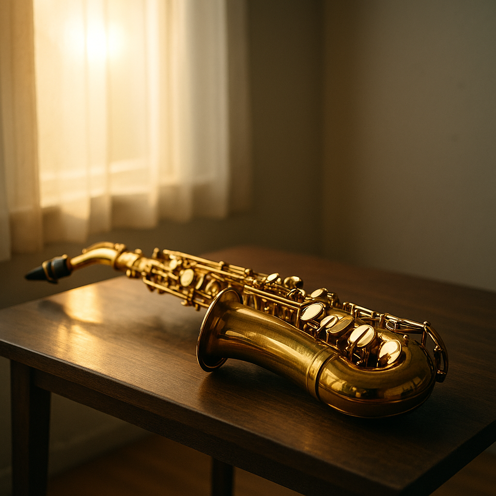 朝の柔らかな光に照らされるアルトサックス。テーブルの上で静かに輝き、音を待つように佇んでいる。An alto saxophone bathed in gentle morning light, quietly shining on a table as if waiting for the first note.