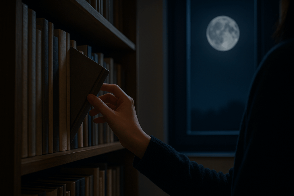 月明かりの夜、本棚から本を手に取ろうとする静かな瞬間。A quiet moment of reaching for a book on a shelf under the moonlight.