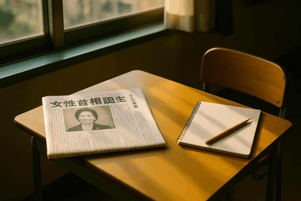 朝の光が差し込む教室の机の上に、新聞とノートが置かれている。
新しい女性首相誕生のニュースと、時代の変化の希望を象徴する情景。
A desk in a sunlit classroom with a newspaper and notebook, symbolizing hope and change following the news of Japan’s first female prime minister.