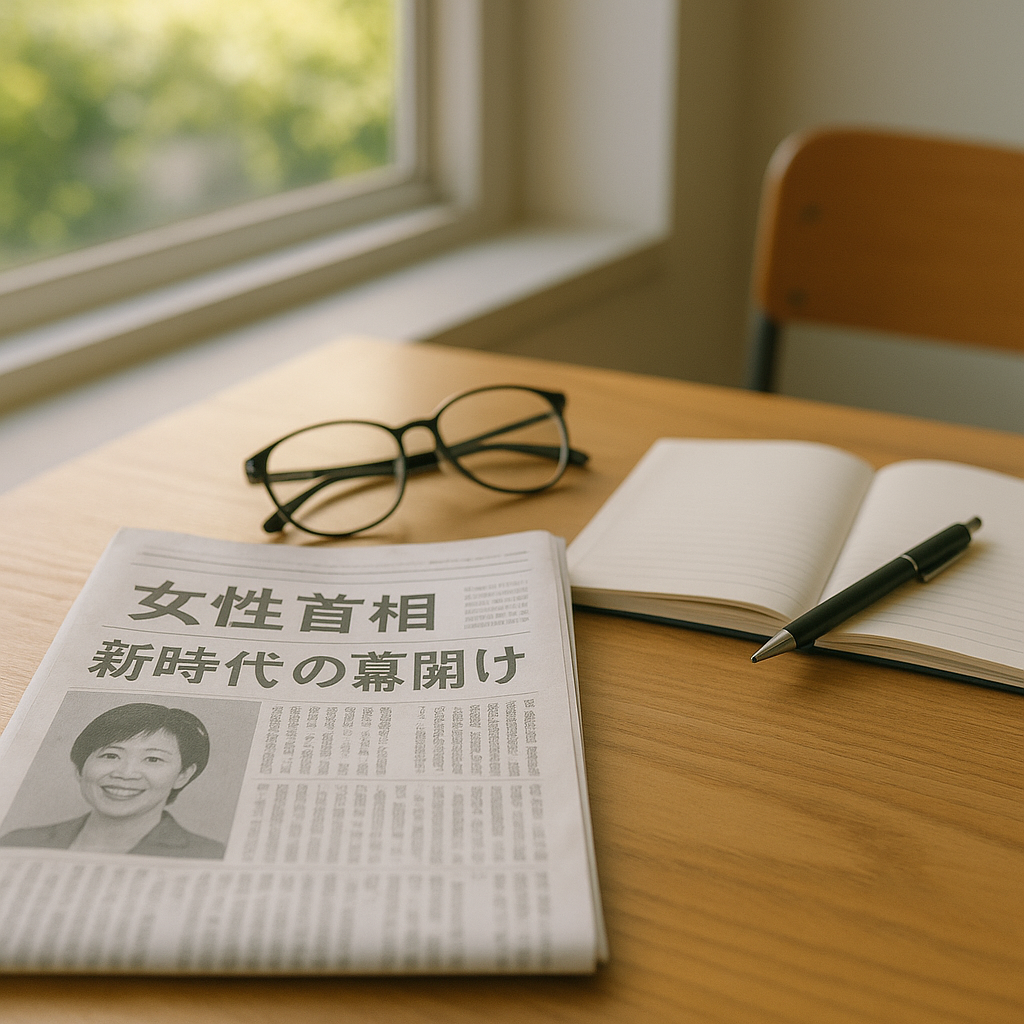 女性首相誕生を伝えるニュースと静かな朝の光 — News of Japan’s first female prime minister in a quiet morning light.