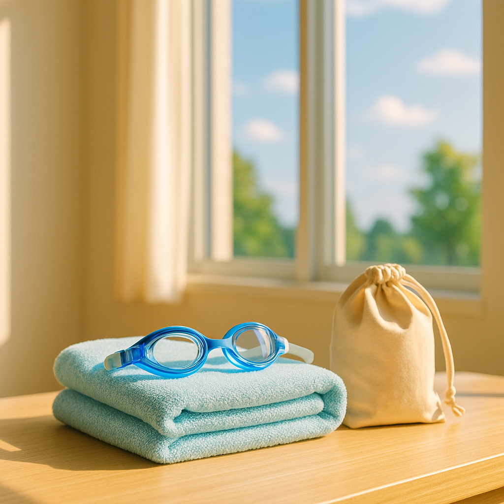 明るい日差しが差し込む部屋で、畳まれた青いタオルと水泳用ゴーグル、小さな巾着袋が木のテーブルに置かれている写真。 A bright room with sunlight streaming in, showing a folded blue towel, swimming goggles, and a small drawstring pouch on a wooden table.