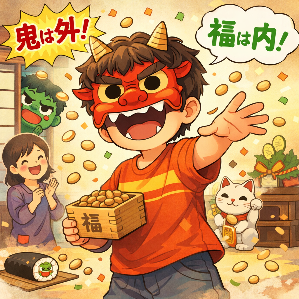 節分の日に鬼のお面をかぶり、豆まきを楽しむ日本の家庭のイラスト
An illustration of a Japanese family wearing demon masks and enjoying bean throwing on Setsubun