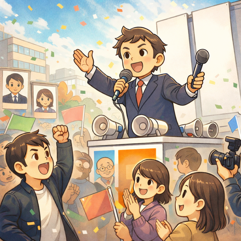 街頭で演説を行う候補者と、それを見守る人々の日本の選挙風景のイラスト